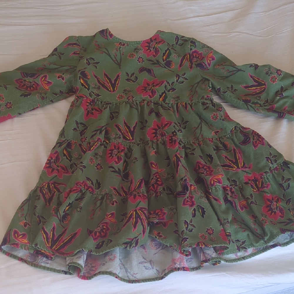Floral Green Corduroy Kids Dress